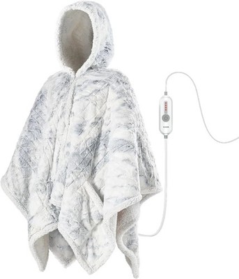 WOOMER Wearable Heated 50 x 60 Hoodie Blanket, Marble Blue With 