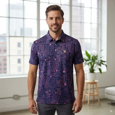 William Murray Golf Medium Navy Pink Phrase Print Short Sleeve Performance Polo