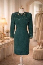Vintage Pia Rucci Green Leather Suede Fitted Dress Gold Bead Accent Size 12