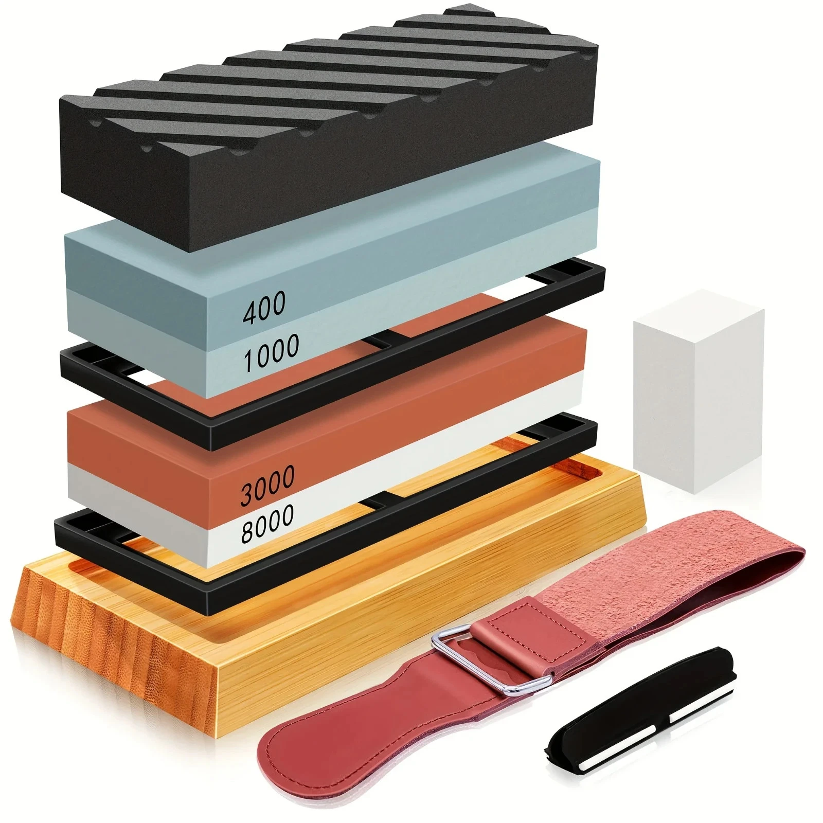 Knife Sharpening Stone Kit 400/1000/3000/8000 Grit Whetstone Bamboo Base Strop