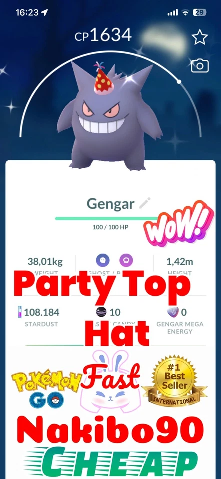 Pokemon✨Shiny Gengar Party Top Hat✨Trade✨Go✨P’TC✨Read Describe