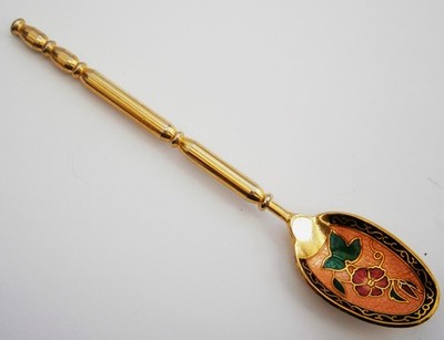 SX637) Rote Blume Emaille Cloisonné goldfarben Vintage Souvenir Sammler Löffel
