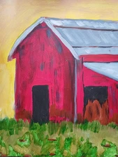 Weathered Red Farmhouse, tall grasses, 11 x 14 acrylic Painting, Impressionistic