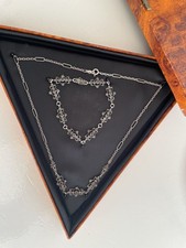 Diamant  Kette u. Armband  Collier Set Diamantrosen  + rote Edelsteine 925 antik