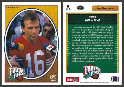 JOE MONTANA FOOTBALL HEROES SUBSET - 1991 UD # 6 - 1989 NFL's MVP