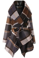 Chicwish Rabato Wrap Brown Prairie Check Belted Shawl Collar Asym Pea Coat Xs