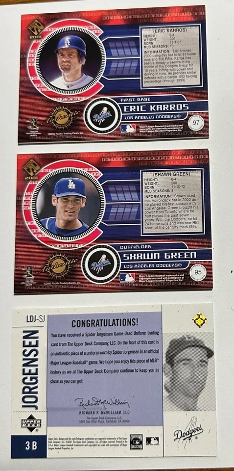 (3) Lote de bate/camisetas usadas del juego de los Dodgers de Los Ángeles - Karros/verde/jorgensen Foto 2 de 2