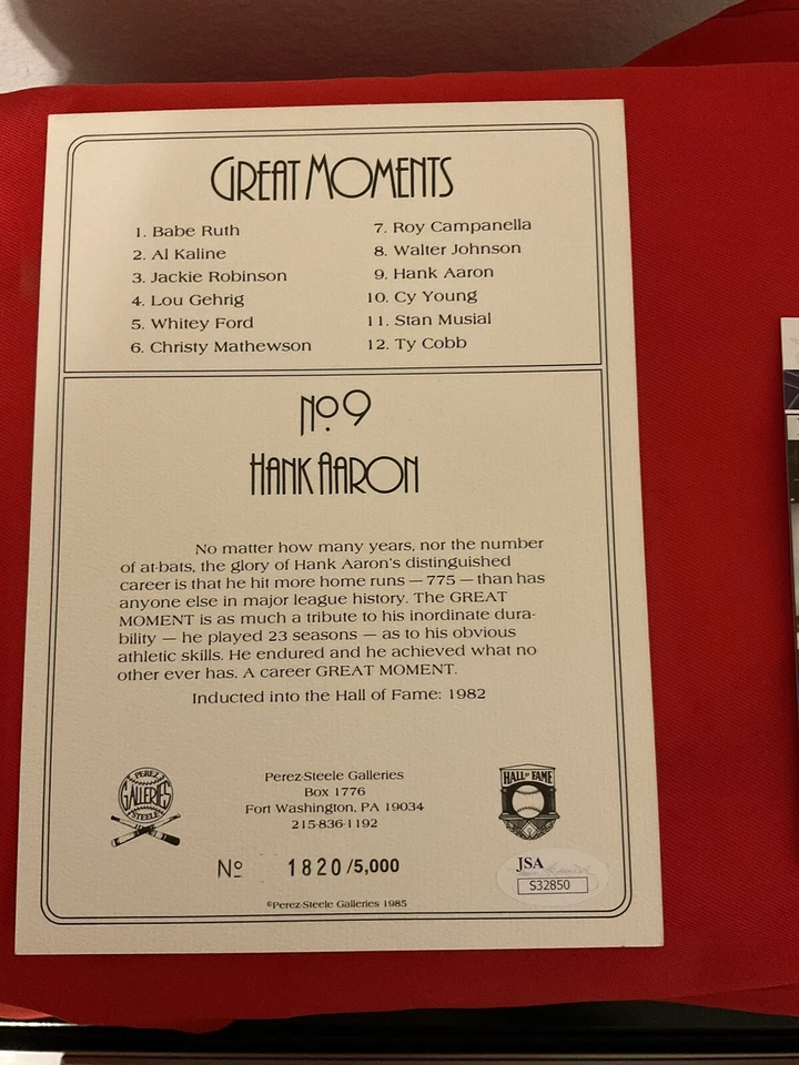 Hank Aaron 1985 firmado Perez-Steele Great Moments certificado por la JSA S32850 Foto 4 de 4