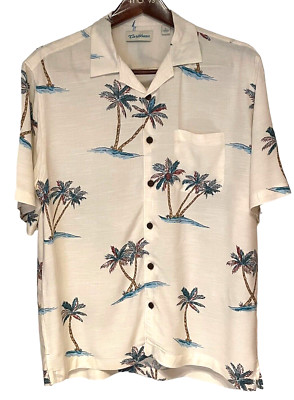 Caribbean Size Large Men's Shirt Short Sleeve Cream with a Tropical Print