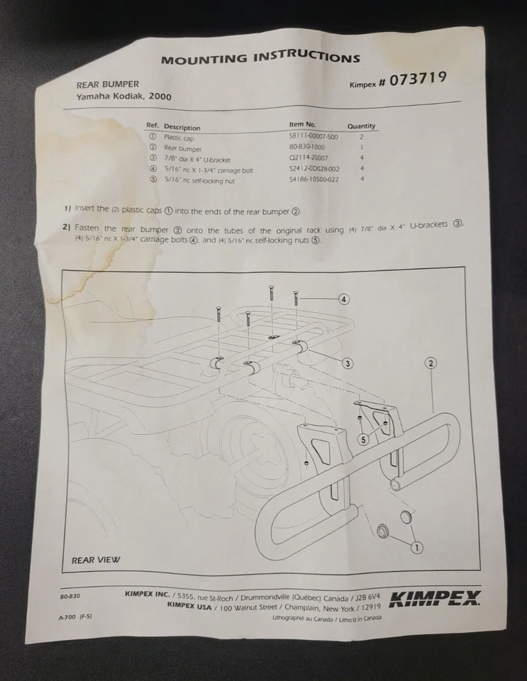 Kimpex NOS Rear Bumper Guard Protector 2000 Yamaha Kodiak PN 073719 - Imagem 4 de 4