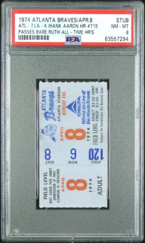 PSA 8 1974 Hank Aaron 715th HR Ticket Stub Passes Babe Ruth Braves Dodgers Apr 8