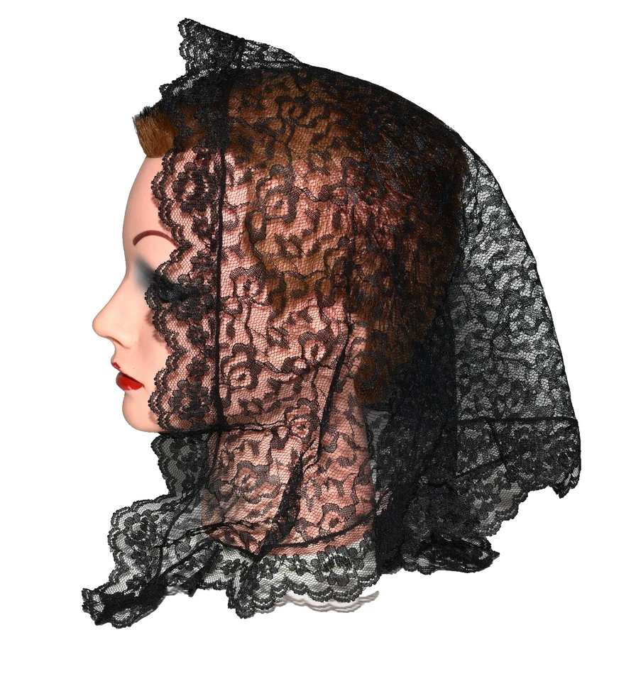 Mantilla de encaje floral negra vintage cubierta de cabeza de iglesia bufanda velo triangular Foto 3 de 4