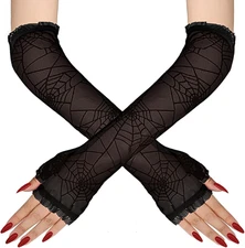 Black Spider Web Arm Warmers Fingerless Gothic Gloves Halloween Costume Accessor