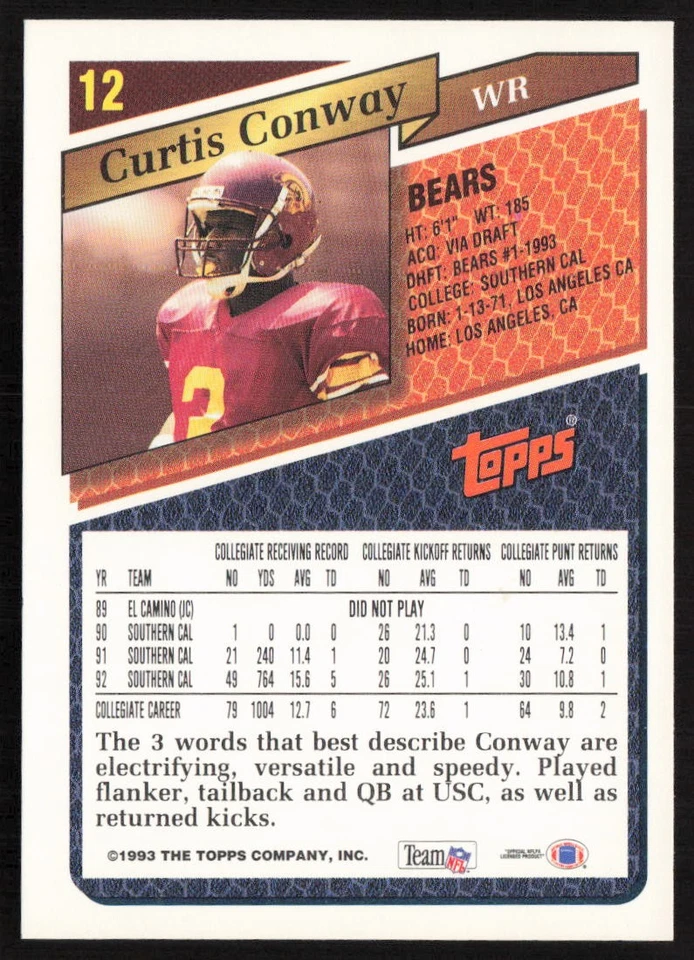 1993 Topps Curtis Conway #12 Rookie Chicago Bears - Image 2 of 2