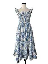 Haute Hippie Style Blue Floral Smocked Midi Dress Ruffle Straps Soze 6 Cottage