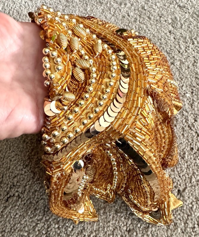 Vtg 18" GOLD SILK with GOLD Sequins Beads TEXTILE Flower Sunburst Applique