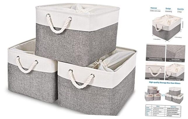White & Grey Fabric Drawstring Storage Bins 3-Pack 15.8x11.8x9.5in-image