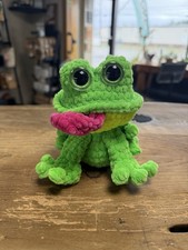 Crocheted Funky Neon Frog Plush Amigurumi Fuzzy Neon Green Kawaii Artisan Toy