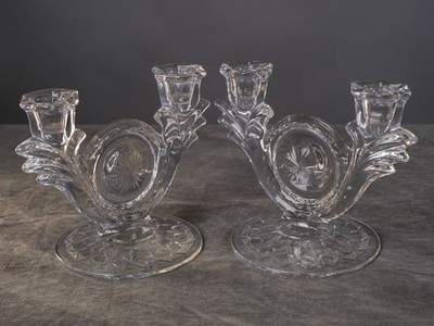 DUNCAN & MILLER Double Light Candlestick Holder Clear Crystal Wheel Cut-Set of 2