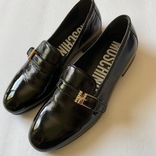 MOSCHINO WOMENS PATENT LEATHER LOAFERS BLACK WITH CRYSTAL LOGO SIZE 38 - 8 NWOT