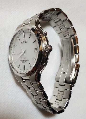 Seiko Dolce 72BB-0AK0 Radio Vague Contrôle Rond Argent Blanc Solar Montre Hommes - Photo 4 sur 9