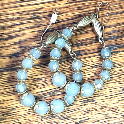 Sea Foam Drop Earrings Hooks 2'' Gold tone  Green Beaded Teardrop Sparkly Dangle