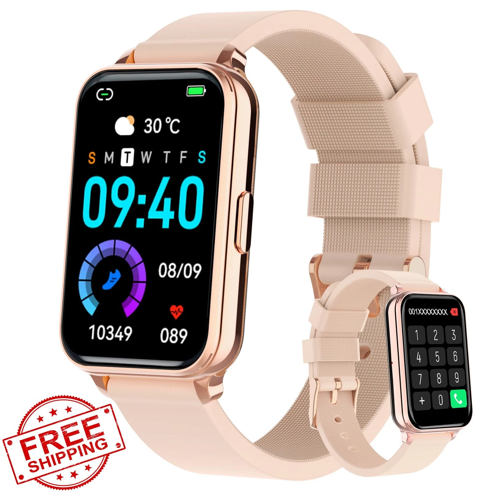 Bctemno Smartwatch Rectangle Pink Fitness Tracker Calls HR SpO2