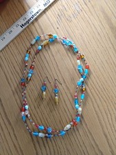 Vintage Glass Bead Necklace Set Multicolored 44" with matching earrings