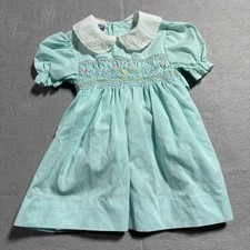Vintage Polly Flinders Girls Smocked Dress Aqua Blue 3T