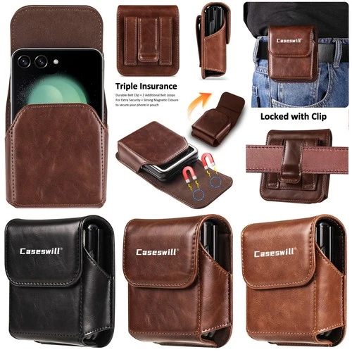 For Samsung Galaxy Z Flip 7 FE 6 5 4 3 2 5G Case Leather Pouch Belt Clip Holster