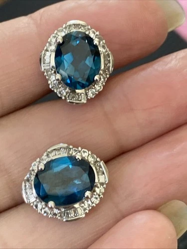 Vtg STERLING Silver Lab Created BLUE & WHITE Diamond HALO Post EARRINGS