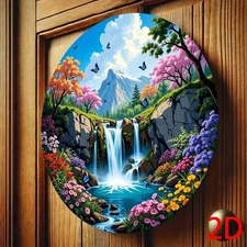 Round Waterfall Mountain River Floral Landscape Metal Wall Art 2D Flat
