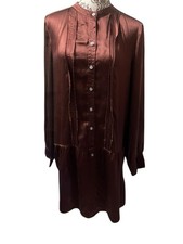 Banana Republic Brown 100% Silk Satin Short Long Sleeve Shirt Dress Pockets