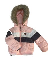 Tommy Hilfiger Toddler Girls Pink Navy Puffer Jacket Faux Fur Trim 18 Months