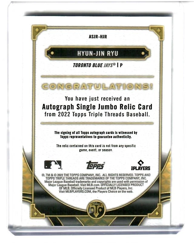 Hyun-Jin Ryu 2022 Topps Triple Threads Auto Single Jumbo Relic Sapphire 7/10 - Image 2 of 4