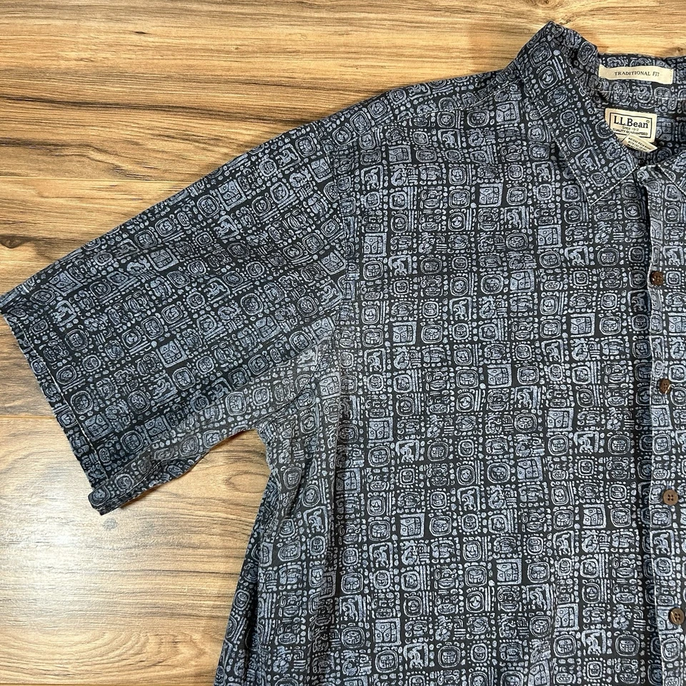 LL Bean Mens XL Tall |Blue| Short Sleeve Aztec All Over Print Button Up Shirt - Image 2 of 4