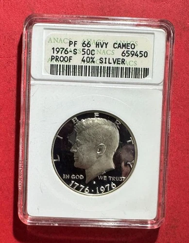 1976S US Kennedy PROOF SILVER Half Dollar! ANACS Certified PROOF 67 Hvy Cameo!