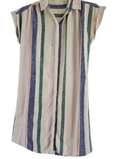 Linen Blend Shirt Dress S Mukti Stripe Cap Sleeves Button Front Attached Slip