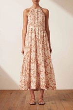 SHONA JOY Dress Flor Pin Tuck Tuxedo Midi - Size AU 14 / US 10 Long Linen Floral