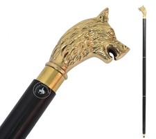 Solid Brass Wolf Head Handle Wooden Walking Stick Cane Vintage Designer Handmad