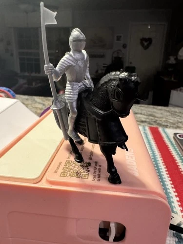 Vintage 1960s Marx Style Silver Knight & Black Horse 3” Fighting Knights Set