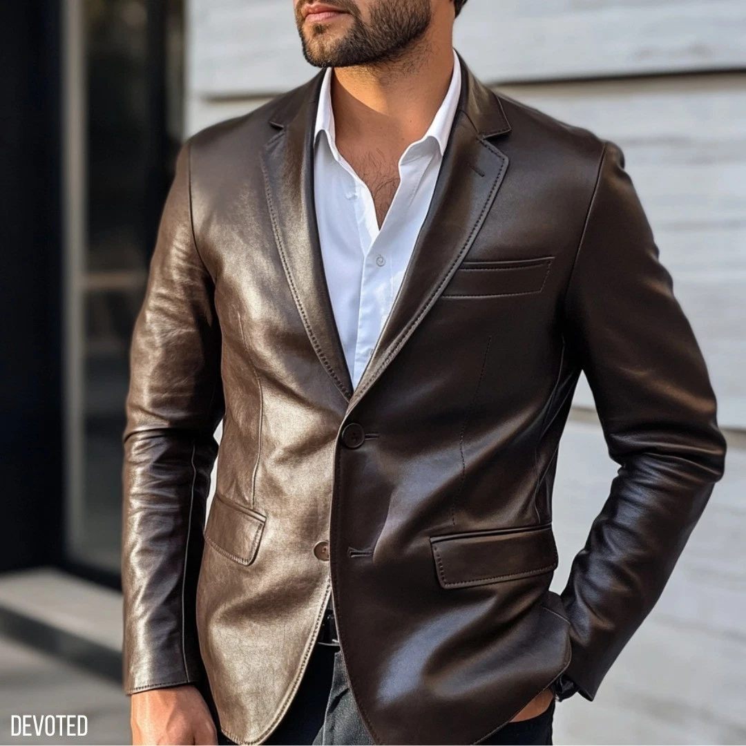 Leather Blazer Jacket Men's Coat Lambskin Soft Men Two Real Button 100% Brown 70