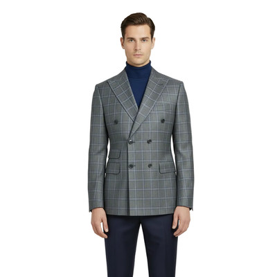 Men's Mono Double Breasted Blazer Super 180s Wool 1523-01 Gray Blue Plaid