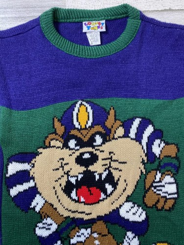 Vtg 1993 Tazmanian Devil Football Sweater Youth Kids Sz L 7 USA Looney Tunes - Picture 8 of 9