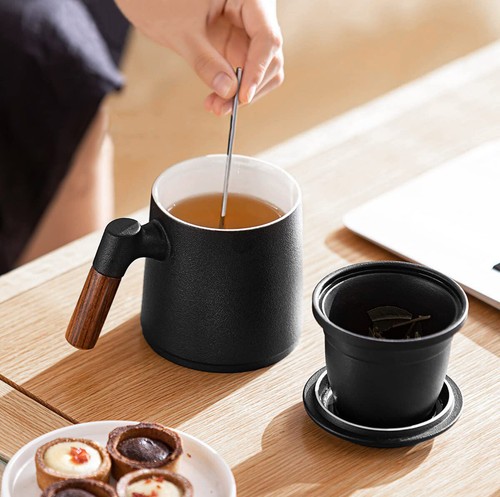 Teetasse mit Sieb und Deckel Keramik Tee Becher Groß Porzellan Set Schwarz DE - Bild 6 von 15