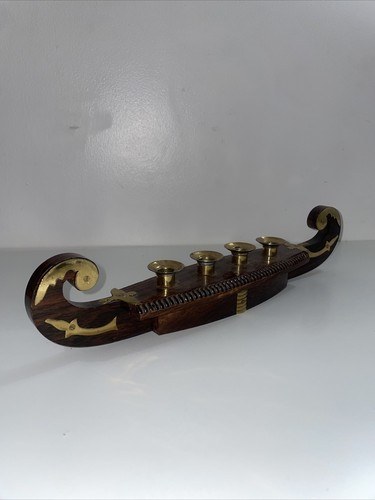 Wooden Brass Snake Boat Ship Candlestick Holder Middle East Viking Vintage - Picture 3 of 13