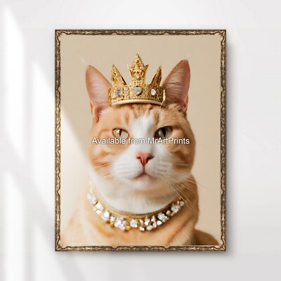 Cat Royal Crown Art Print Poster Wall Picture Funny Quirky Vibe Glam Gold