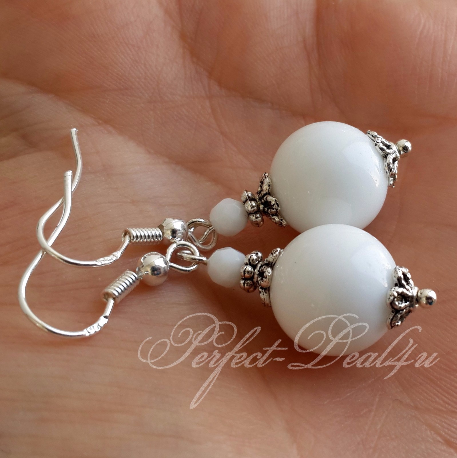 Round White Alabaster Earrings Women Jewelry 925 Sterling Silver hook