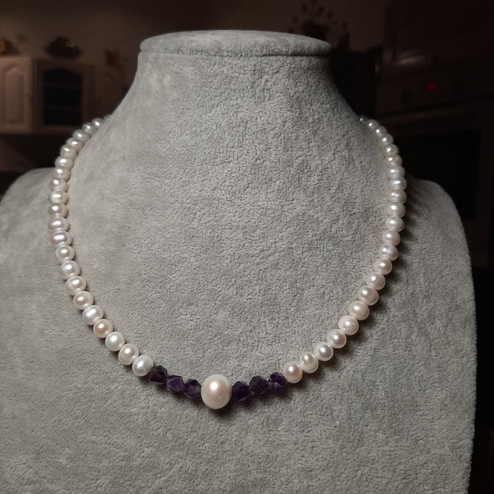 Collier en perle de culture naturelle d'eau douce et améthyste véritable en argent 925 prestige