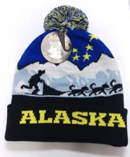 New Alaska Hat Polar Wear Alaska beanie style Knit hat with Pom Pom Sled Dogs 